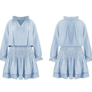 R.Vivimos Cotton Long Sleeves V Neck Layered Ruffles Pleated Swing Mini Dress